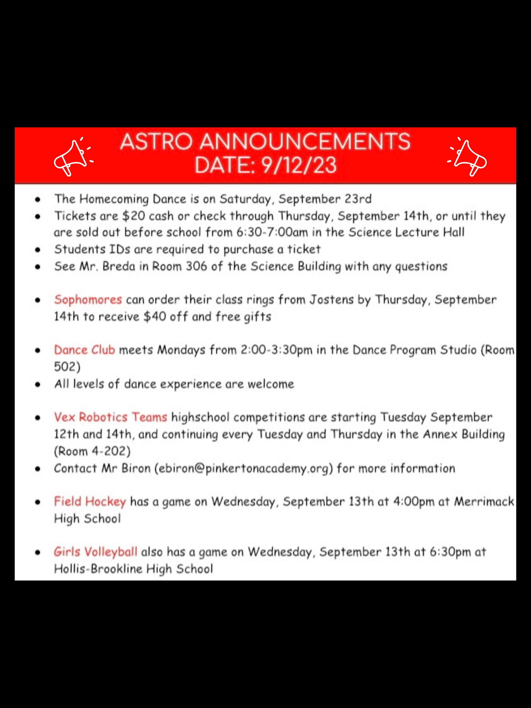 Astro Announcements 9/12 