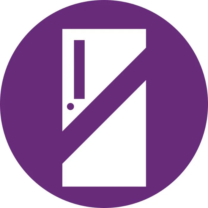 White geometric door-shaped logo with a vertical bar and round knob, diagonally sliced, on a purple circular background.