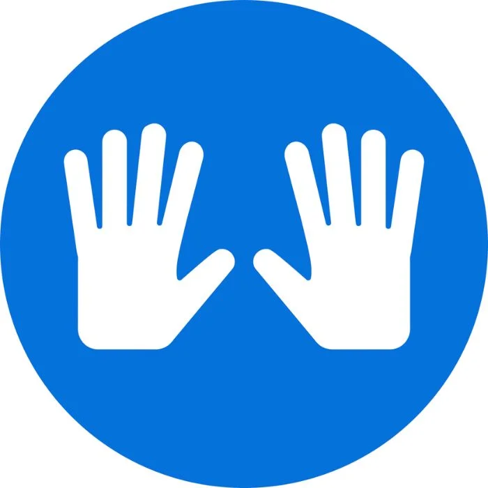 Raised hands symbol Two open white palms centered on a blue circular background